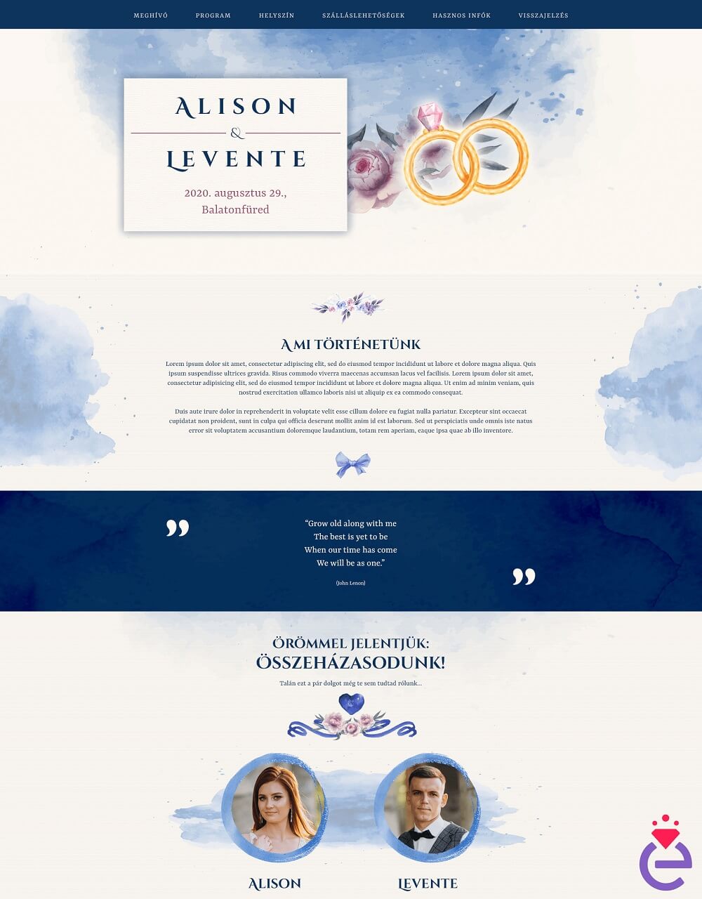 esküvői weboldal design sablon